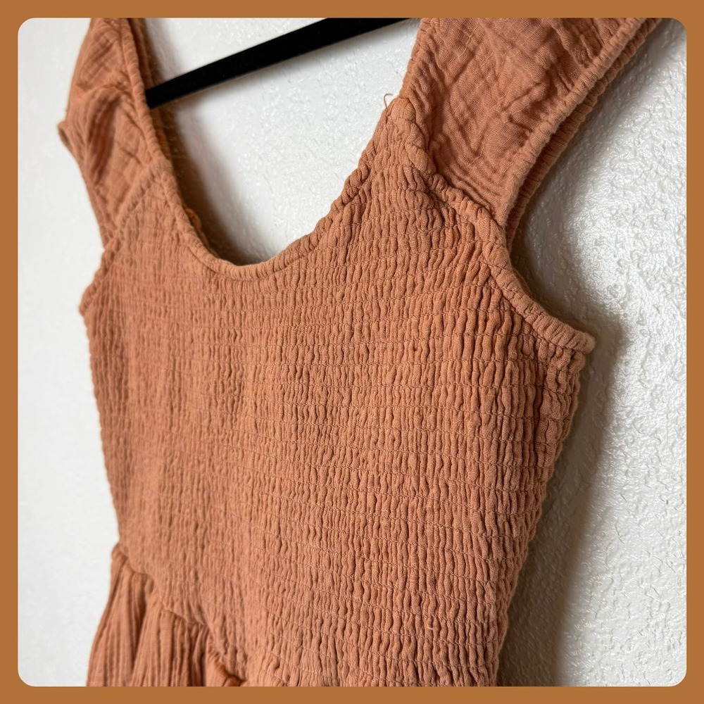 American Eagle Smocked Gauze Dress Rust Orange Cap Sleeve Ruffle Hem XS